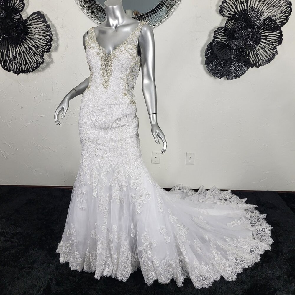 NWT~$1895~ALLURE BRIDALS~4/6~WHITE RHINESTONE MERMAID FIT & FLARE WEDDING DRESS